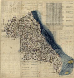 Abrange a província de Kangwŏn, tanto na Coreia do Sul como na Coreia do Norte. Relevo mostrado pictoricamente. Caneta e tinta e aquarela. Texto no verso não relacionado ao mapa. Presente de Andrew Saylor, 1992. Disponível também no site da Biblioteca do C