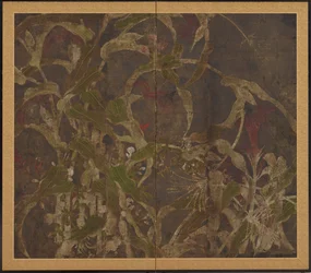 Coxcombs, milho e glórias da manhã, período Momoyama, 1568-1615.