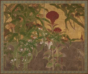 Coxcombs, milho e glórias-da-manhã, período Momoyama, século XVII.
