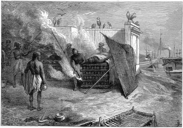 Cremação dos mortos em piras funerárias, Calcutá, Índia, 1879