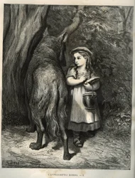 Atravessando a floresta, o pequeno capuchinho vermelho encontra o lobo. Gravura de Gustave Dore (1832-1883) de "Les contes" de Charles Perrault (1628-1703)