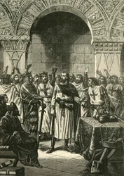 Cruzados proclamando Godfrey de Bouillon, rei de Jerusalém, 1890.