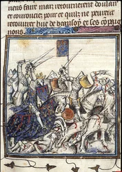 Cruzados e sarracenos que lutam durante a terceira cruzada Das Crônicas da França ou de St Denis, depois de 1380