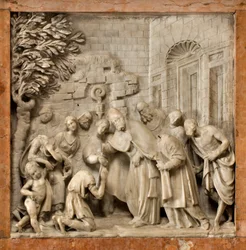 Cripta, Arca dos Santos Marcelino e Pedro Exorcista, Lorenzo Trotti, A conversão do carcereiro Artemio, Catedral de Santa Maria Assunta, Catedral, Cremona, Lombardia, Itália (foto)