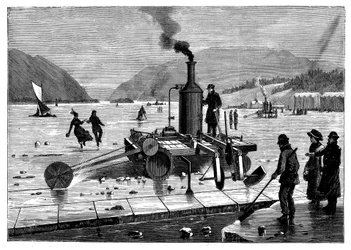 Cortando gelo no rio St Lawrence, no Canadá, usando uma serra movida a vapor, 1894