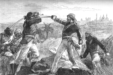 Daly e eu sacamos nossas espadas e corremos pelas pedras, c1880