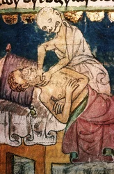 Morte estrangulando uma vítima da peste. Do Stiny Codex, século XIV