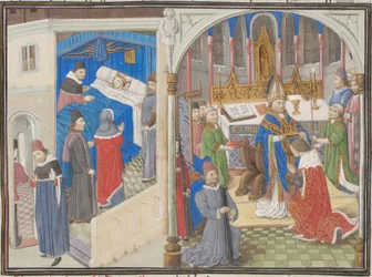 Morte de Amalrico I de Jerusalém. Coroação de Balduíno IV. Miniatura da Historia de Guilherme de Tiro, década de 1460