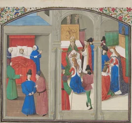 Morte de Balduíno IV. Coroação de Guido de Lusignan. Miniatura da Historia de Guilherme de Tiro, década de 1460