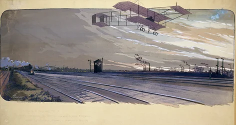 Início da aviação : Louis Paulhan (1884-1963) sobrevoando uma linha férrea em seu biplano durante a corrida de 300 km em linha reta Londres/Manchester nos dias 27 e 28 de abril de 1910