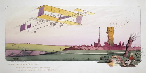 Início da aviação: Maurice Farman (1878-1964) em seu biplano Renault durante a corrida "Voyage de Bac a Chartres", por volta de 1910.