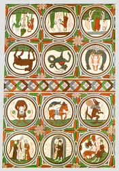 Decoração na Igreja Velha de Stora Råda, Västra Götaland, Suécia, 1928.