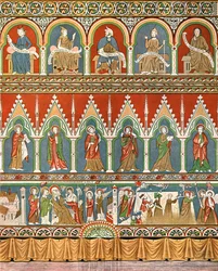 Decoração na Igreja Velha de Stora Råda, Västra Götaland, Suécia, 1928.