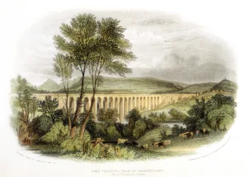 Viaduto Dee, Vale de Llangollen, na estrada de ferro Shrewsbury, Gales e Chester c1848