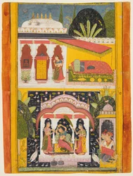 Desavarari Ragini, de uma série Ragamala: Uma senhora e dois atendentes em um caramanchão no meio, c169