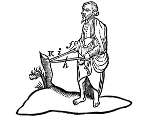Descartes ilustra como a distância de um objeto é percebida com a visão binocular, 1692