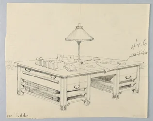 Design para Mesa de Armazenamento para Biblioteca Maciça com Duas Prateleiras Abertas em Ambos os Lados, 1900-05