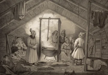 O interior de uma casa de campo de um agricultor na Finlândia. Ilustração retirada do livro Norge fremstillet i Tegninger av Asbjørnsen, P.Chr. og utgitt av Chr. Tønsberg (no, 1848)
O Sami vestido de domingo em casa de um ano. "As cabanas de madeira (...)
