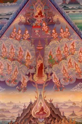 Detalhe de uma pintura mural no Uposatha (hall do santuário) do templo de Buddhapadipa, Wimbledon, Grande-Bretagne