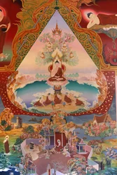 Detalhe de uma pintura mural no Uposatha (hall do santuário) do templo de Buddhapadipa, Wimbledon, Grande-Bretagne