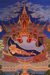 Detalhe de uma pintura mural no Uposatha (hall do santuário) do templo de Buddhapadipa, Wimbledon, Grande-Bretagne
