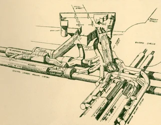 Diagrama da nova estação de metrô em Oxford Circus, 1930.