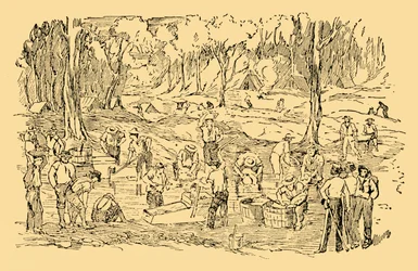 Escavação e lavagem de ouro na Austrália Em 1851, c1930.