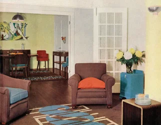 Sala de jantar e lounge em um apartamento reconstruído em Londres para a sra. Harry Ewbank em Bryanston Court