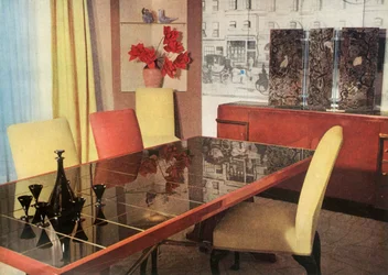 Sala de jantar em laca sang-de-boeuf, de Hayes Marshall para Fortnum & Mason Ltd., Londres, 1937.