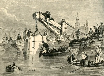 Sino de mergulho usado na construção do túnel do Tamisa, c1878.