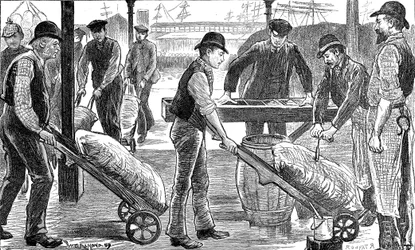 Dockers descarregando açúcar no West India Docks, Londres, 1889