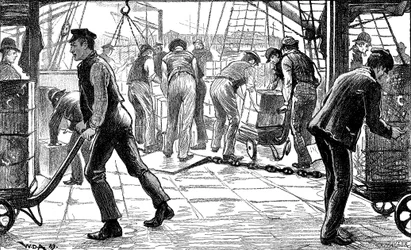 Dockers descarregando chá nas docas de Londres, 1889