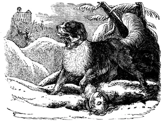 Cão do hospício de St Bernard encontrar um viajante na neve, c1840