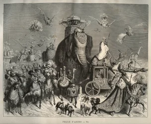 Pele de burro: o carrossel e o cortejo nupcial. Gravura de Gustave Dore (1832-1883) de "Les contes" de Charles Perrault (1628-1703)