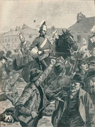 Dragões e Highlanders espalhando manifestantes em Belfast, 1872 1906.