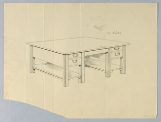 Desenho, Desenho para mesa de biblioteca maciça com pernas arqueadas quadradas e prateleiras de maca abertas
