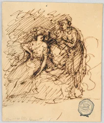 Desenho, esboço de figura com uma garota sentada conversando com uma garota em pé