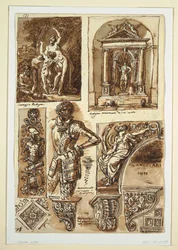 Desenho, folhas de estudos após monumentos à bolonhesa, 1811-14