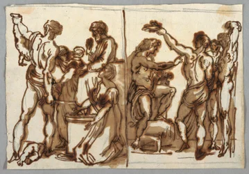 Desenho, o julgamento de Salomão; O Esfolamento de Marsyas, ca. 1820