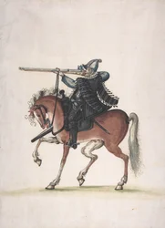Desenho de um Soldado Arcabuzeiro Montado a Cavalo, final do século XVI.
