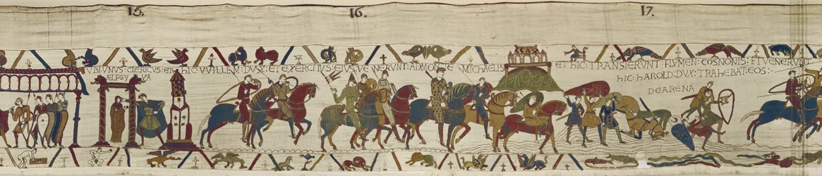O Duque William conduz o seu exército para a Bretanha onde Harold corajosamente ressuscita os soldados da areia movediça, Bayeux Tapestry (bordado de lã em linho)