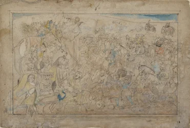 Durga, Kali, e Five Matrikas Battle the Daitya Army of the Demon Shumbha..., ca. 1780.