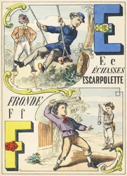 E F : palafitas, escarpolette, estilingue - Jogos Alfabeto, c.1890 (ilustração)
