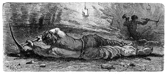 Mineiro de carvão do início do século XIX, trabalhando em uma costura estreita, c1868.