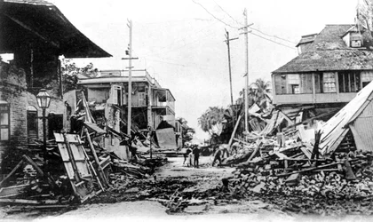 Danos causados pelo terremoto, King Street e Harbour Street, Kingston, Jamaica, 1907