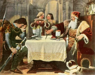 Eberhard corta ao meio a toalha de mesa entre ele e seu filho Ulrich, 1377, 1936.