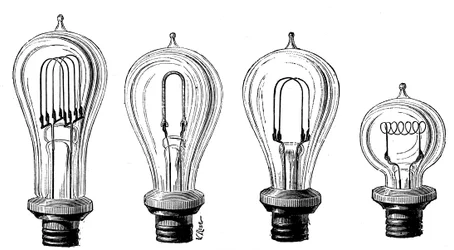 Lâmpadas incandescentes de Edison mostrando várias formas de filamento de carbono, 1883