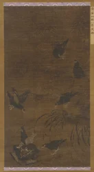 Oito pássaros Mynah com bambu e orquídeas, dinastia Ming, século XVI.