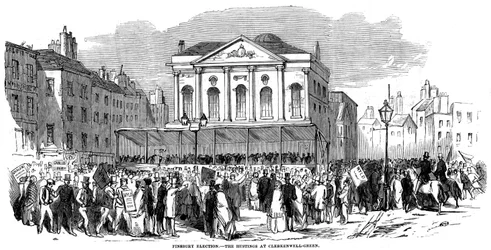 Hustings eleitorais em Clerkenwell Green durante a eleição de Finsbury, Londres, 1852