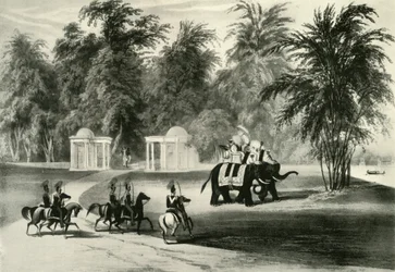 Elefantes e guarda corporal no Parque Barrackpore, 1820, 1925.
